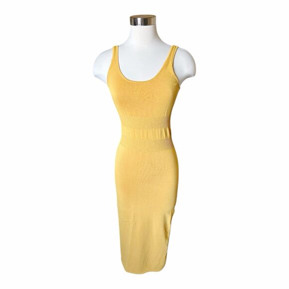Modern Citizen Ribbed Knit Midi Dress Sz XS Yellow Side Slit Cinch Waist - Picture 1 of 4